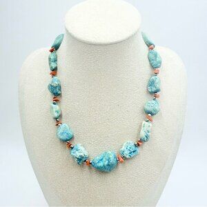 Vintage Chunky Blue Dyed Howlite and Coral Beaded Statement Necklace